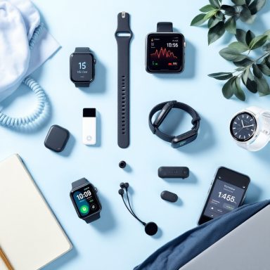 Smartwatches, Fitnessuhren, Schrittzähler und Zubehör Verschiedene Smartwatches, Kopfhörer und technisches Zubehör auf einem hellblauen Hintergrund.