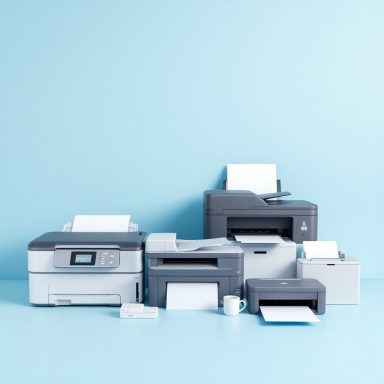 Drucker, Scanner und Multifunktionsgeräte Verschiedene Drucker und Kopierer vor einem hellblauen Hintergrund.