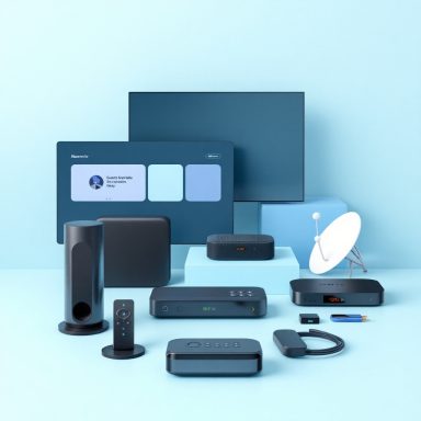 Home-Entertainmentgeräte Verschiedene elektronische Geräte auf einem blauen Hintergrund.