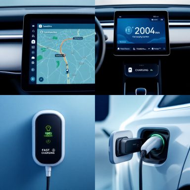 Navigationsgeräte und moderne Fahrzeuge mit Touchscreens Fahrzeug-Infodisplay, Ladestation mit Kabel und Ladeanschluss.