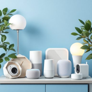 Smarthome-Geräte Verschiedene moderne Smart-Home-Geräte auf einem Tisch vor blauer Wand.