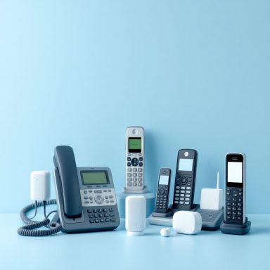 Festnetz- / Internet- / IP-Telefonie Verschiedene Telefone auf einem blauen Hintergrund, einschließlich kabelgebundener und kabelloser Modelle.