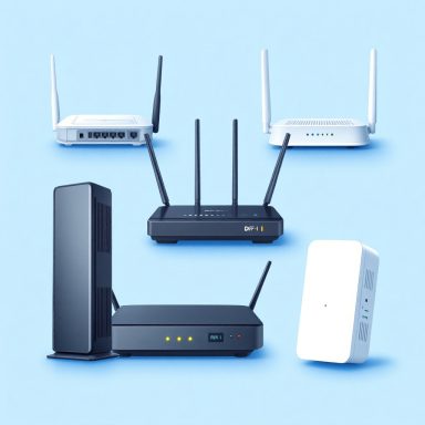 WLAN, Router und Internetverbindung Verschiedene Router und ein Signalverstärker auf blauem Hintergrund.