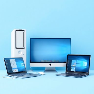 Verschiedene Computer Verschiedene Computergeräte auf blauem Hintergrund: Desktop, iMac und Laptops.